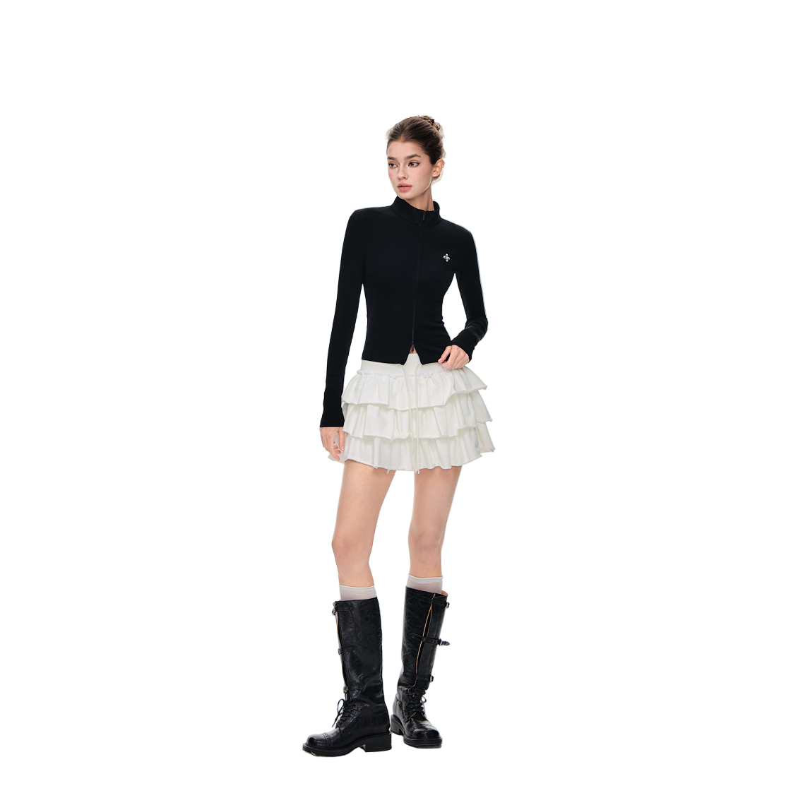Cool Slimming Double Zipper Long-sleeved In Black