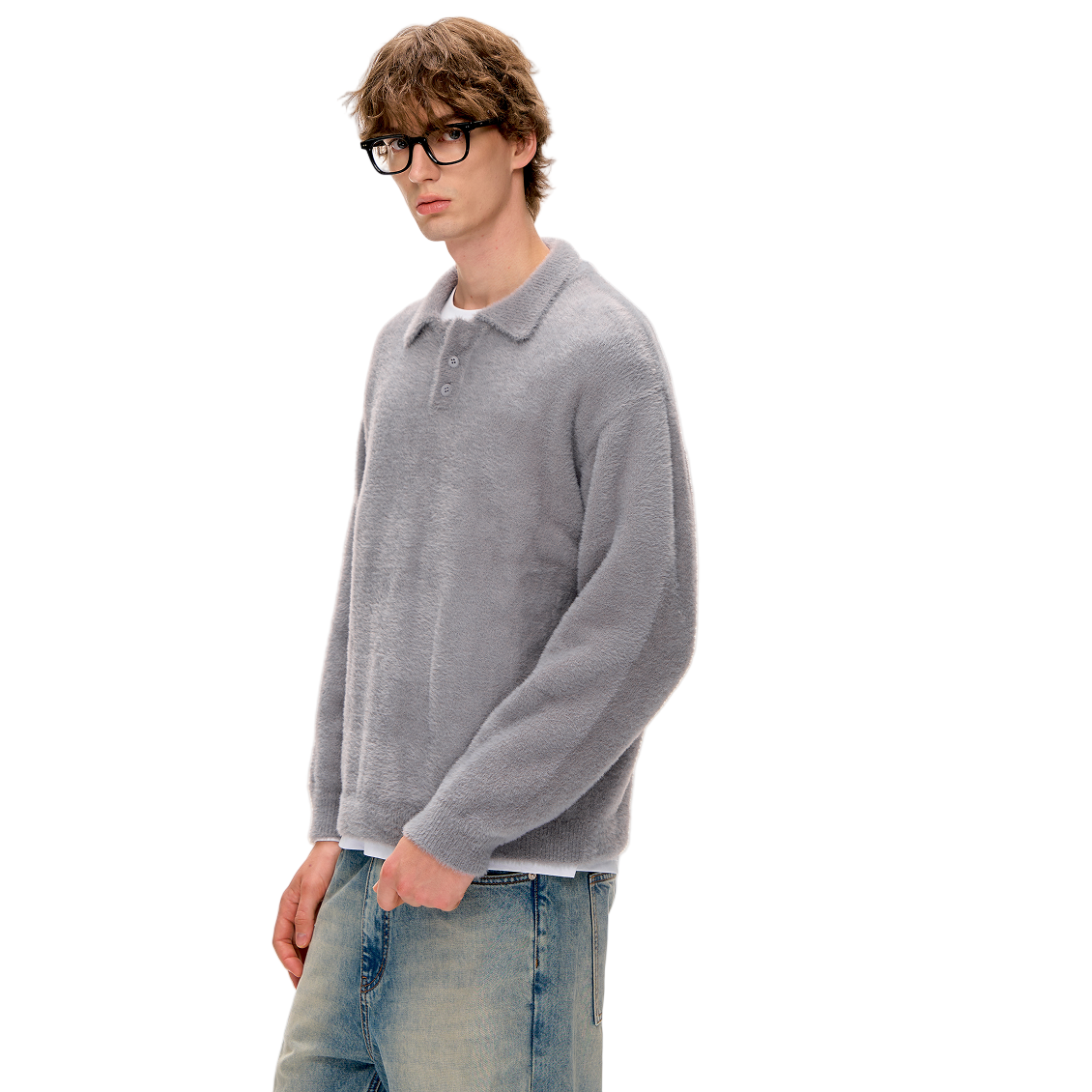 Grey Faux Mink Lapel Polo Collar Long-sleeved Sweater