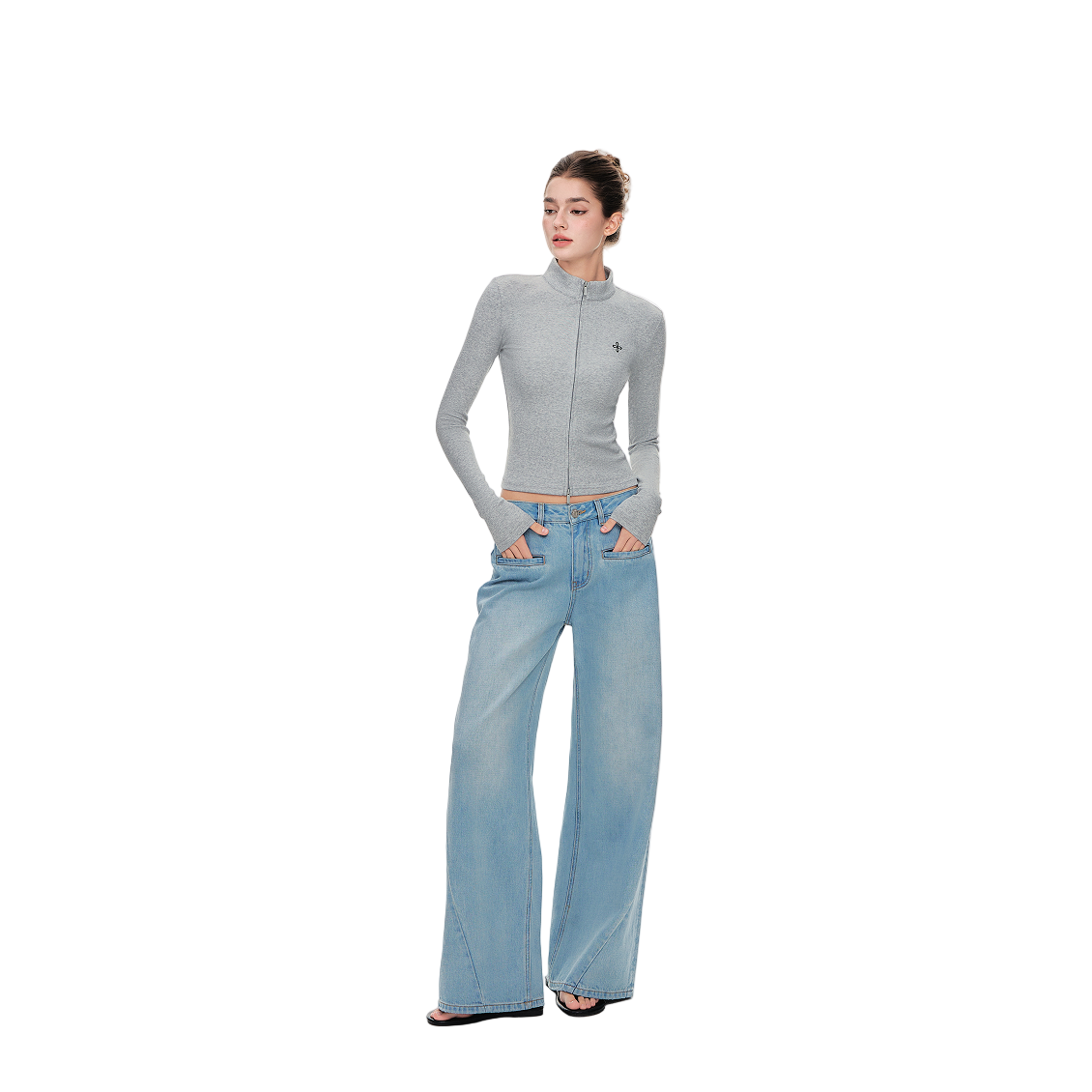 Cool Slimming Double Zipper Long-sleeved In Gray
