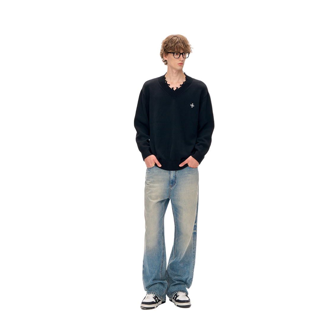 Black Cotton Cross-stitch Embroidered Raw-Edge V-Neck Sweater