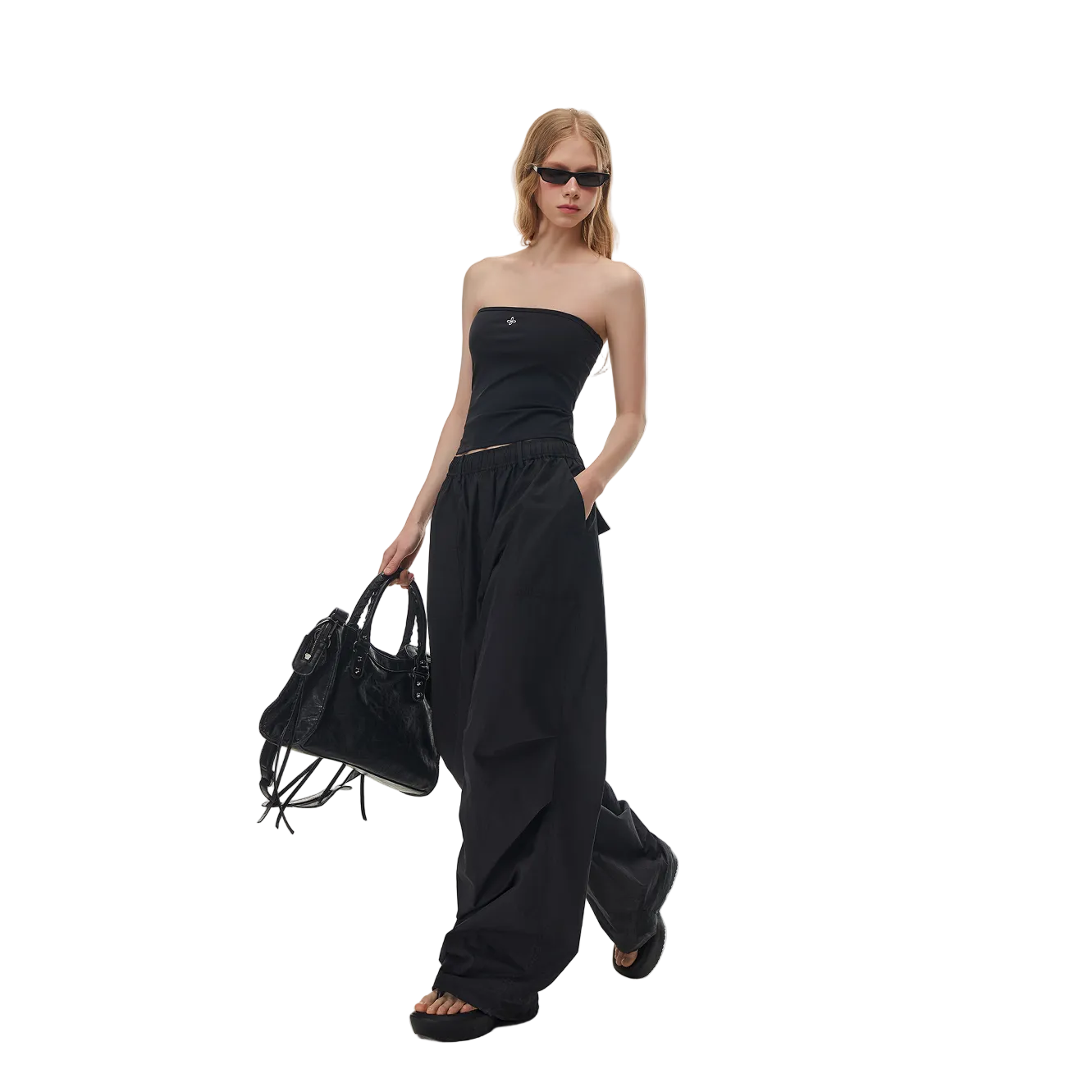 Black Pleated Straight-Leg Paratrooper Pants