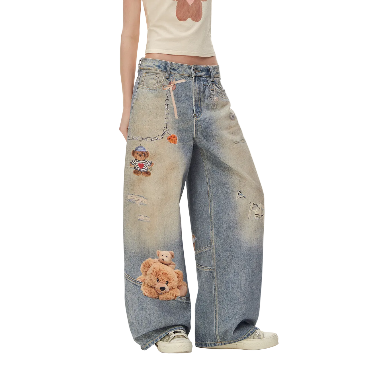 Blue Bear Print Retro Jeans