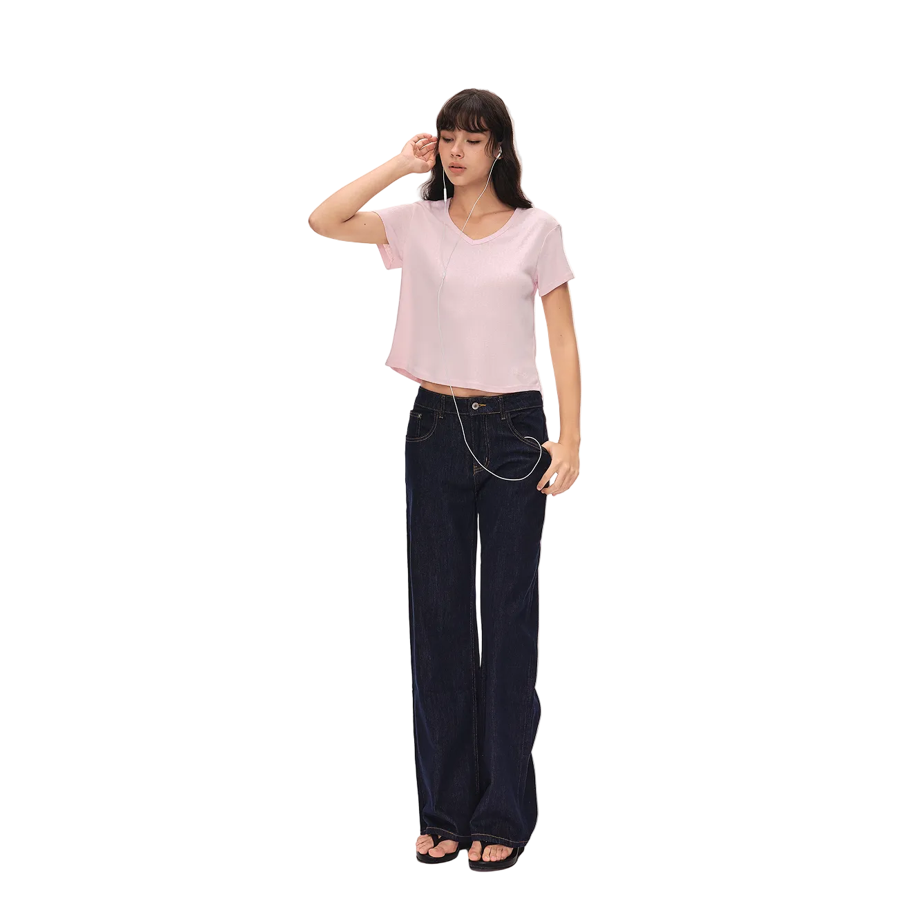 Pink Linen-Cotton Blend V-Neck Short-Sleeve T-Shirt