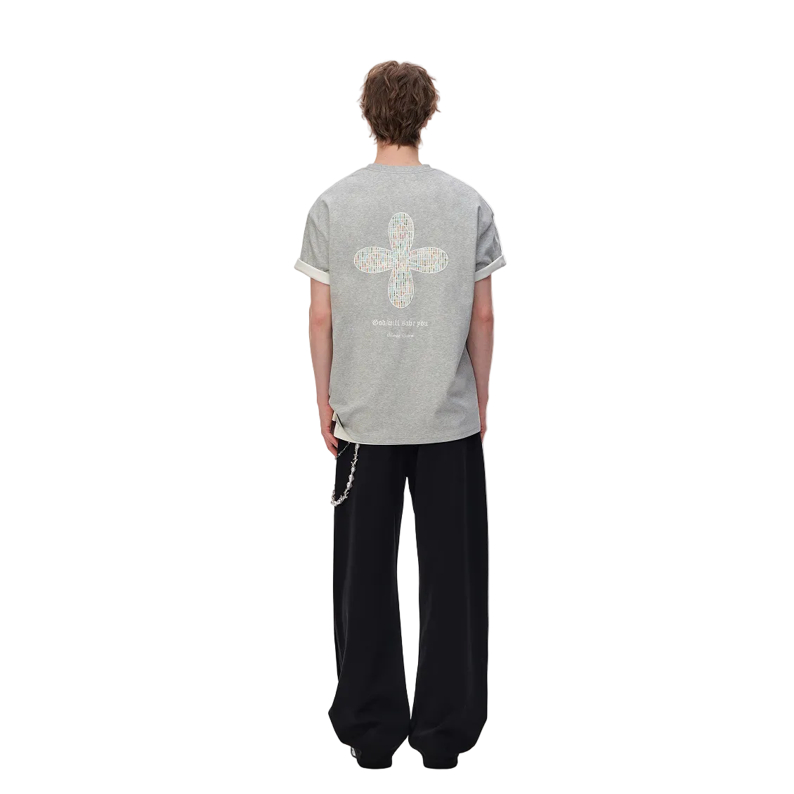 Grey Chanel-Style Cross Embroidery T-Shirt