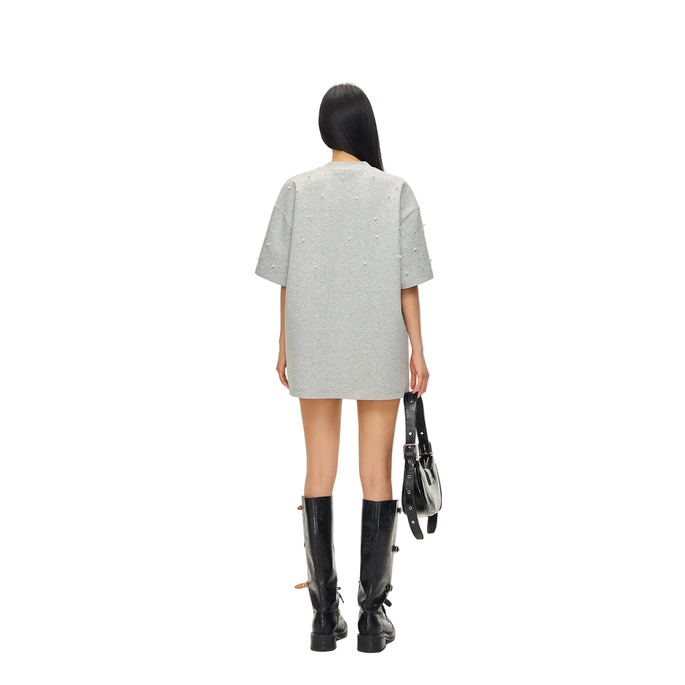 Grey Air Cotton Pearl Rhinestone Short-Sleeve T-Shirt