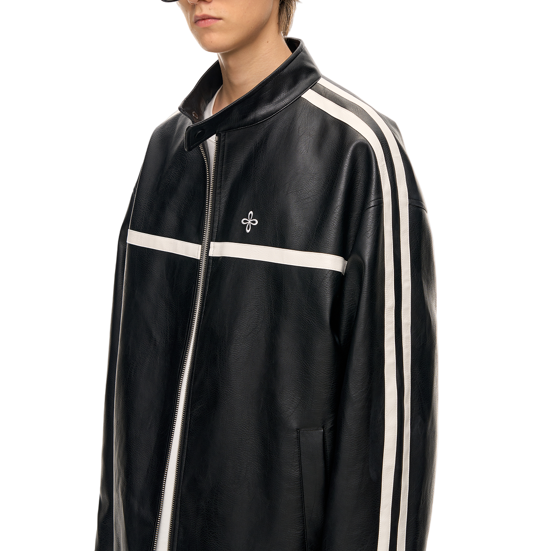 Black Retro Patchwork Stand Collar Leather Jacket