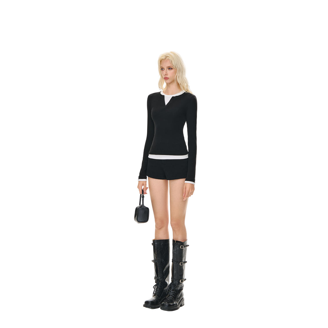 Black Stretch Cotton Layered Fake Two-piece Long-sleeved T-shirt