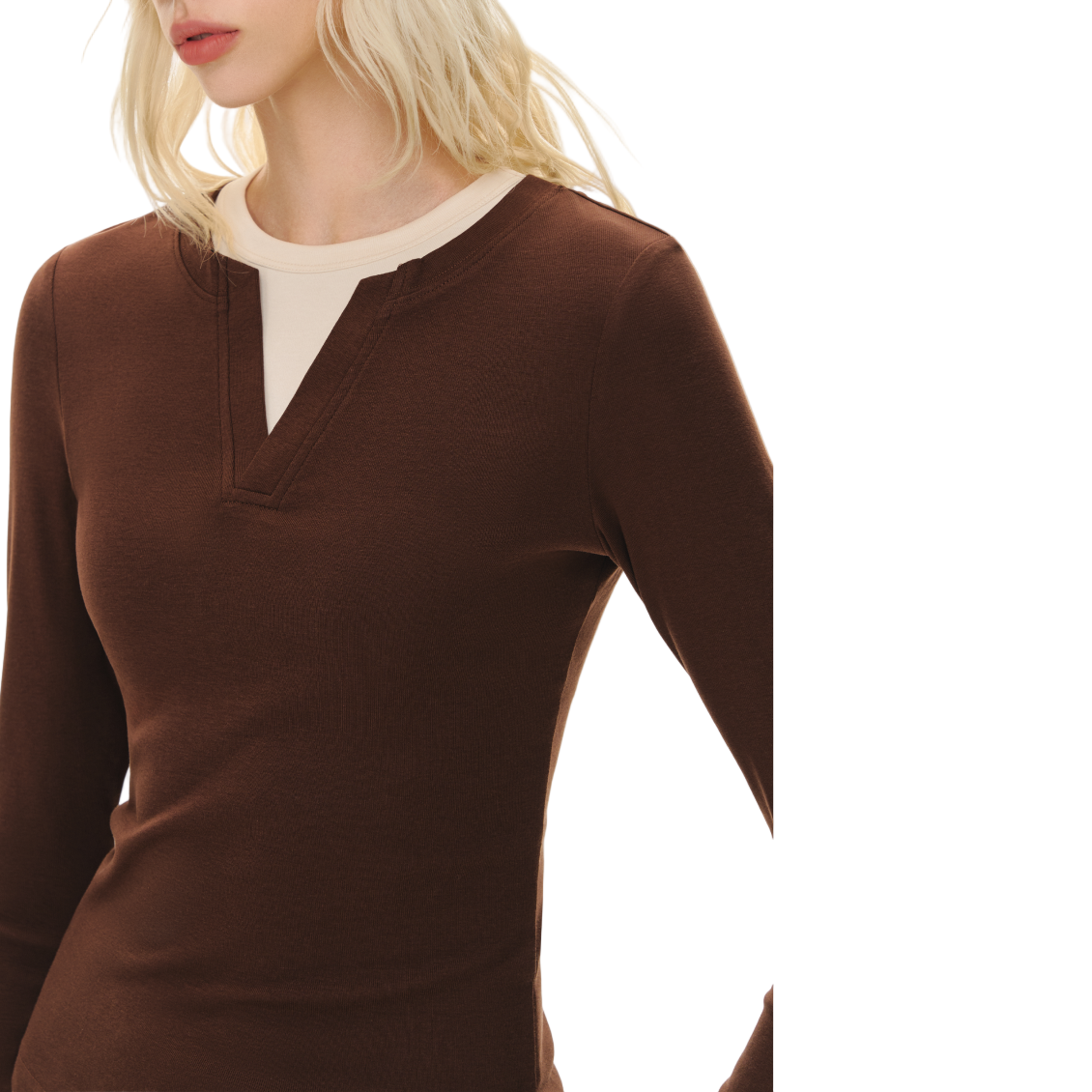 Brown Stretch Cotton Layered Fake Two-piece Long-sleeved T-shirt
