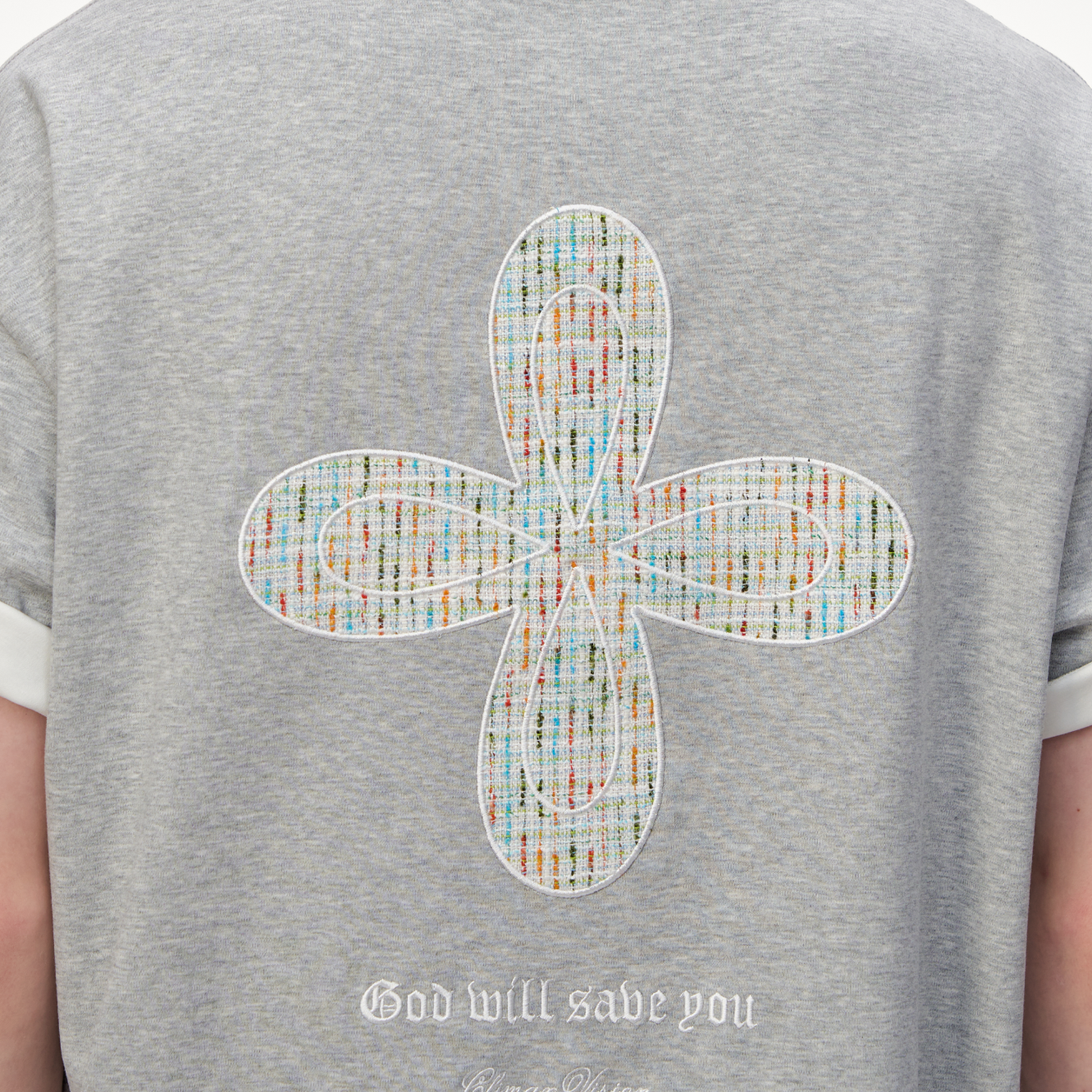 Grey Chanel-Style Cross Embroidery T-Shirt