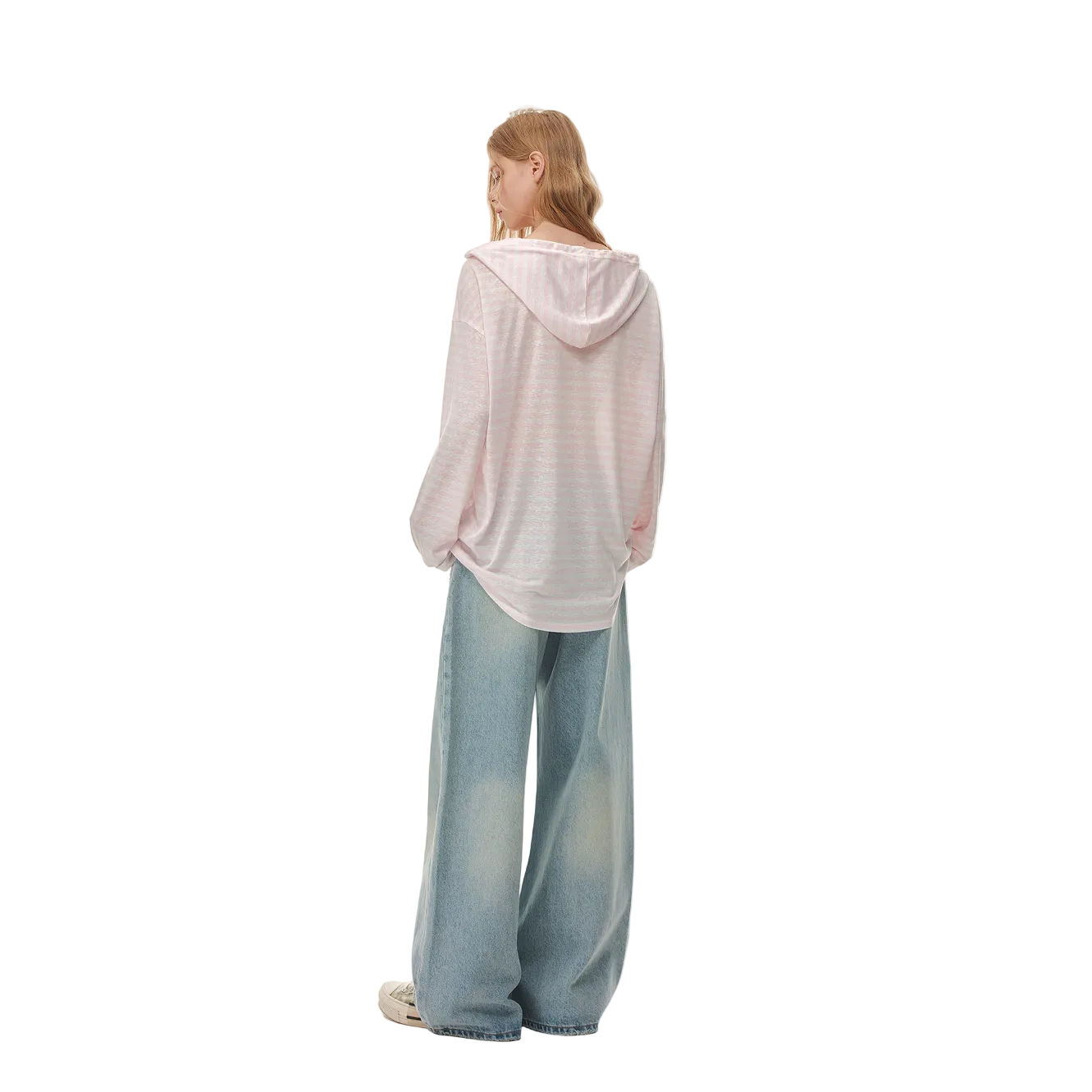 Pink Snowflake Texture Striped Hooded Long-Sleeve