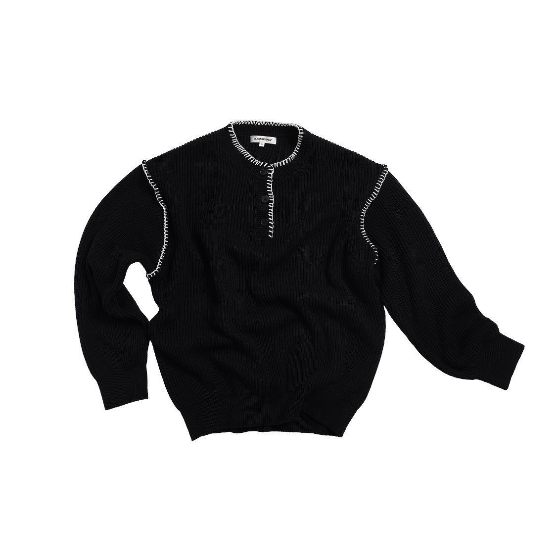 Black Color Block Henley Neckline Ribbed Knit Sweater