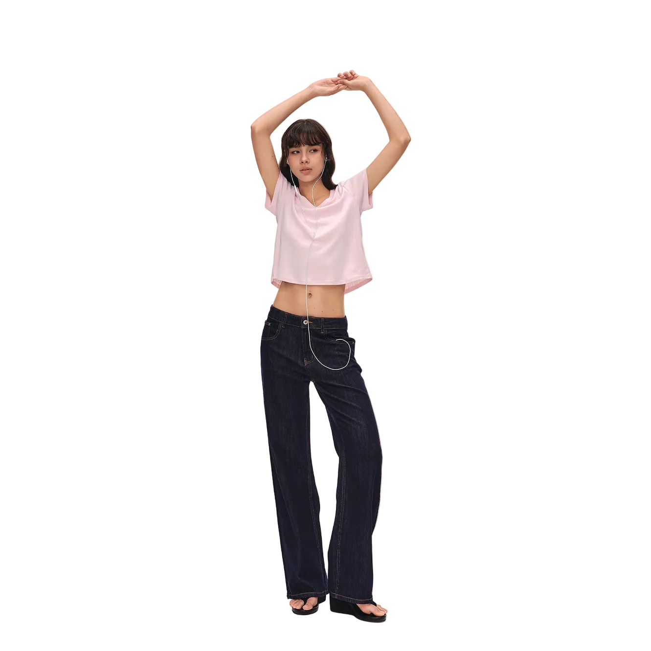 Pink Linen-Cotton Blend V-Neck Short-Sleeve T-Shirt