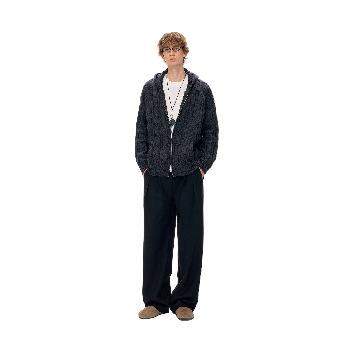 Wool Blend Cable Hooded Zip-Up Cardigan In Black