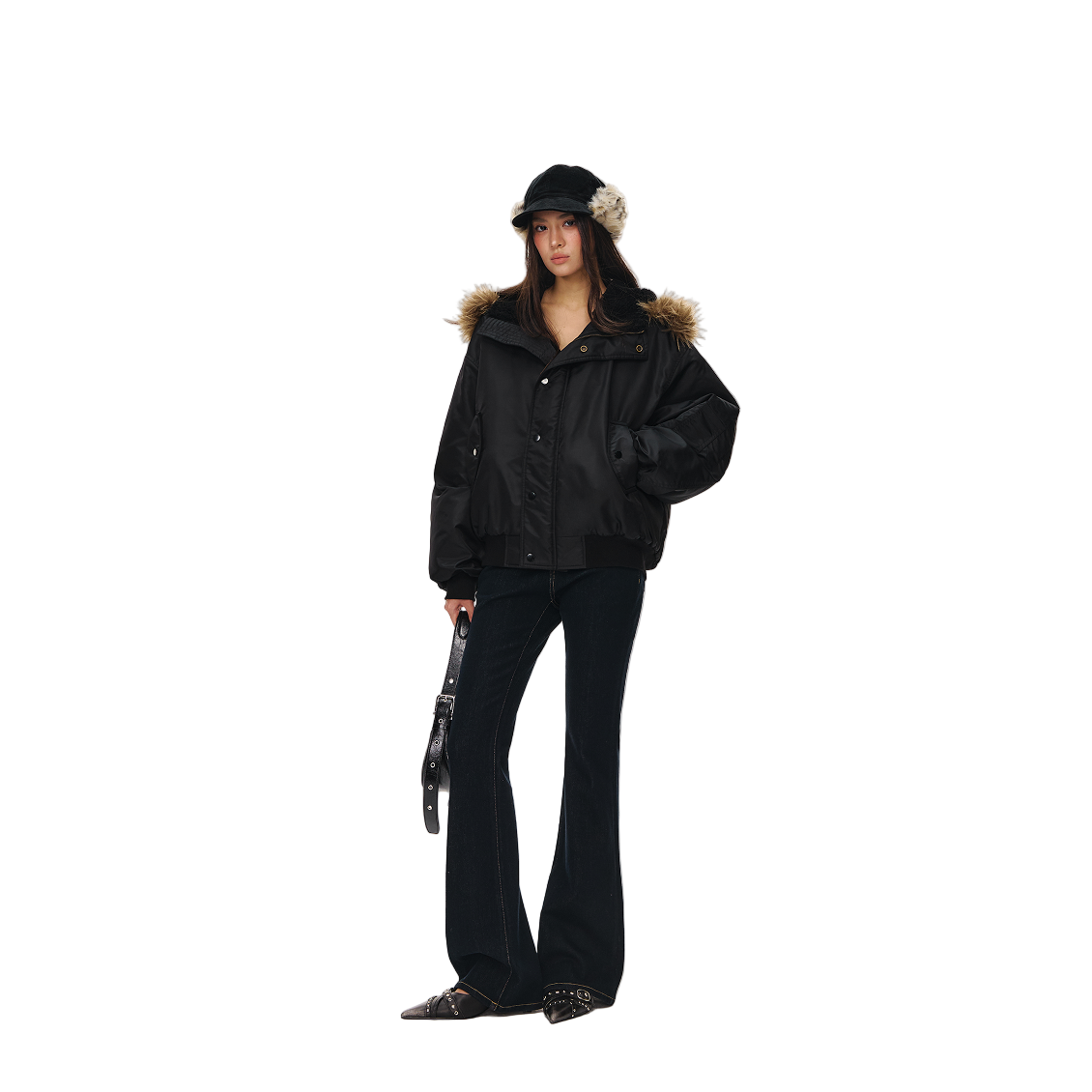 Black Retro Hooded Detachable Fur Collar Jacket Parka
