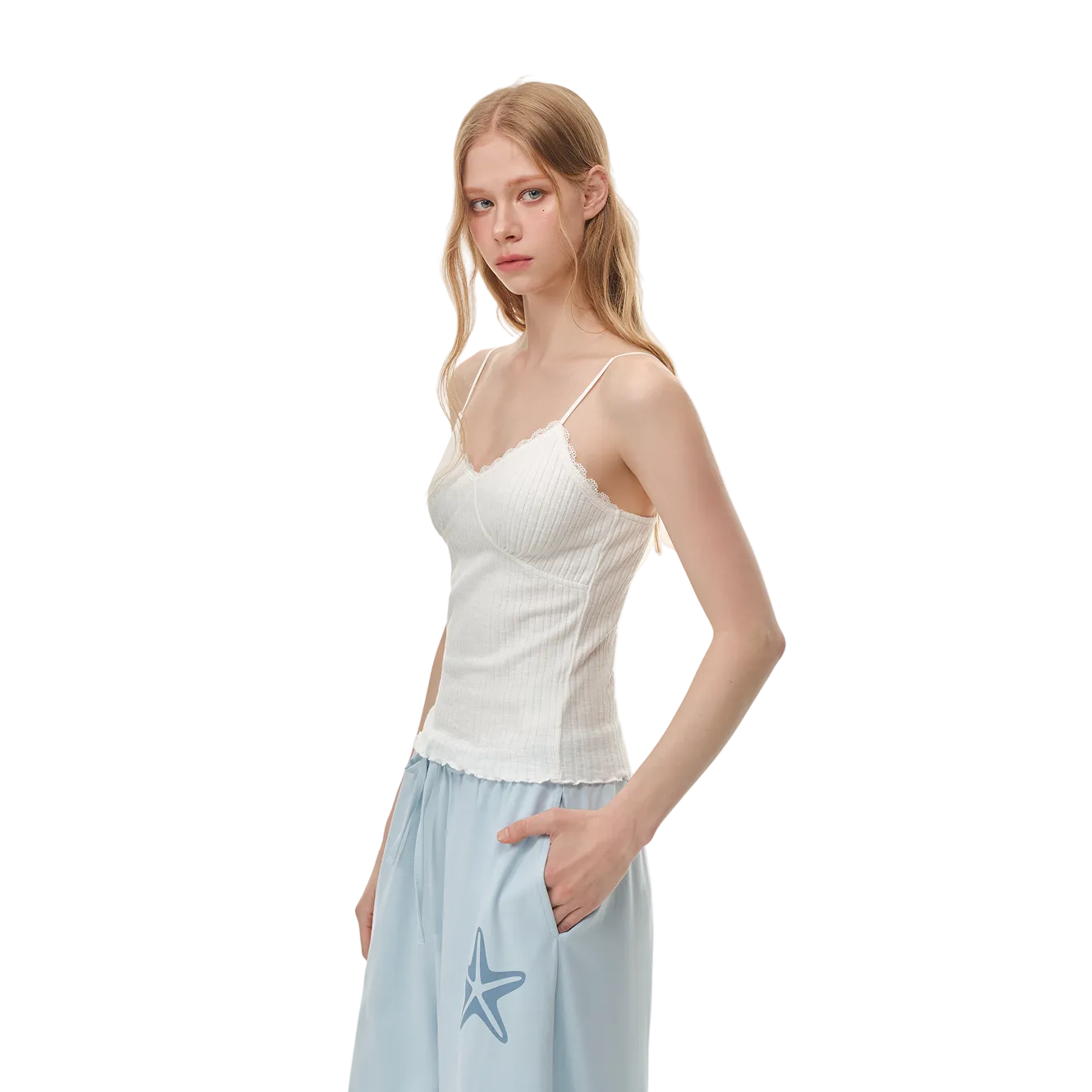 White Lace-Trimmed V-Neck Camisole