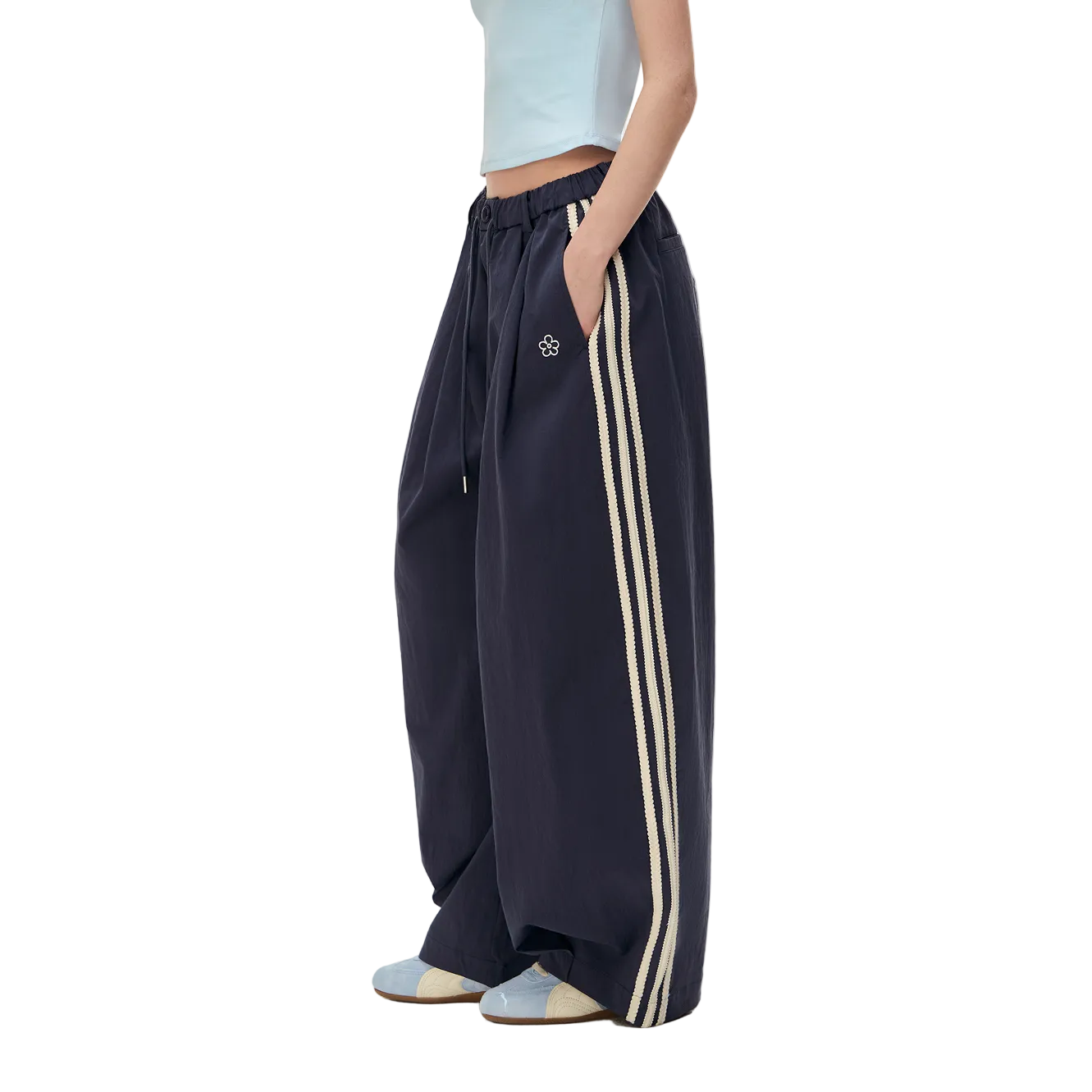 Navy Blue Floral Embroidered Side Striped Wide-Leg Pants
