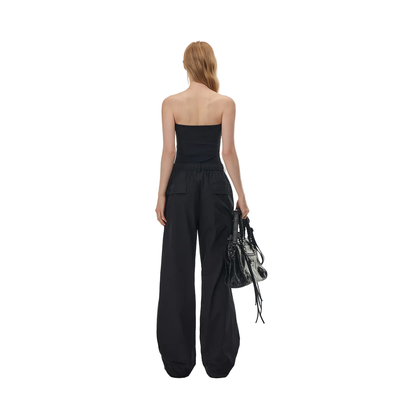 Black Pleated Straight-Leg Paratrooper Pants