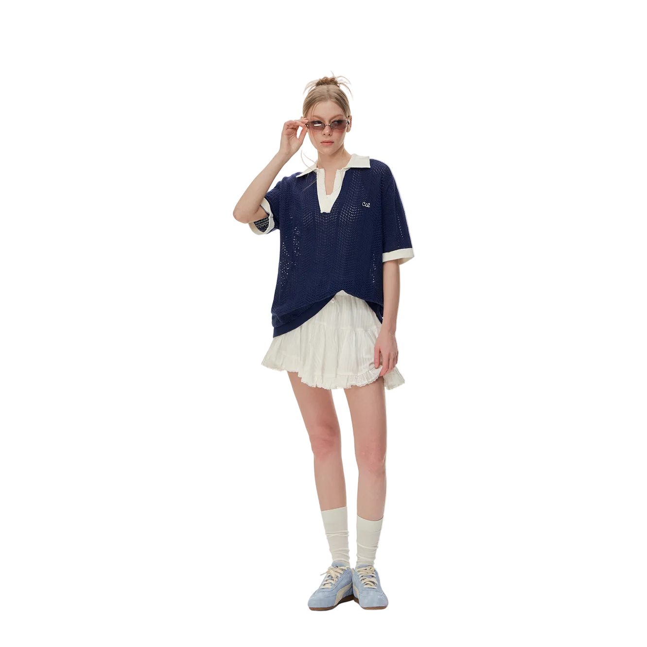 Navy Blue Color Block Polo Collar Hollow-Out Knit Short-Sleeve