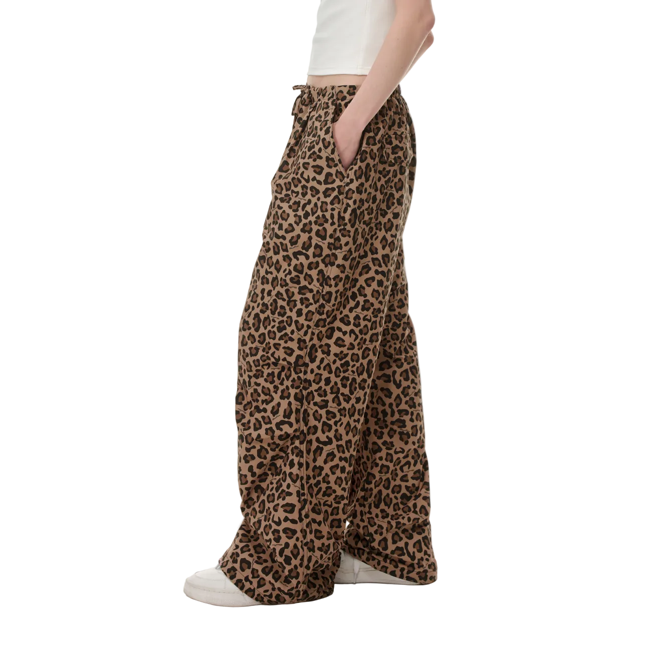 Brown Leopard Print Pants Drawstring Pleated Straight Leg Paratrooper Pants