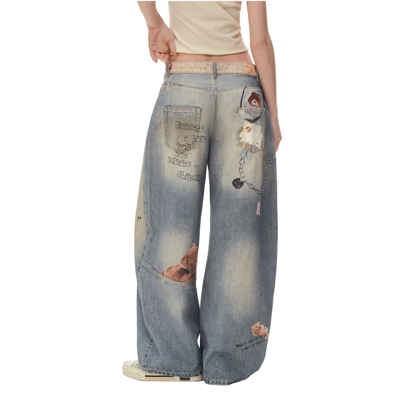 Blue Bear Print Retro Jeans