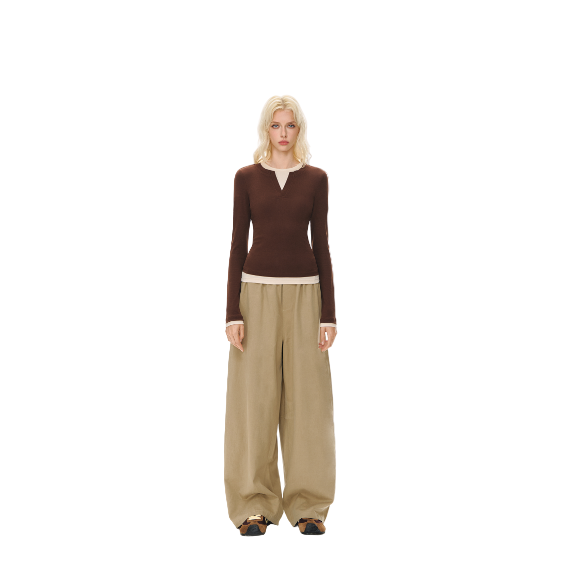 Brown Stretch Cotton Layered Fake Two-piece Long-sleeved T-shirt