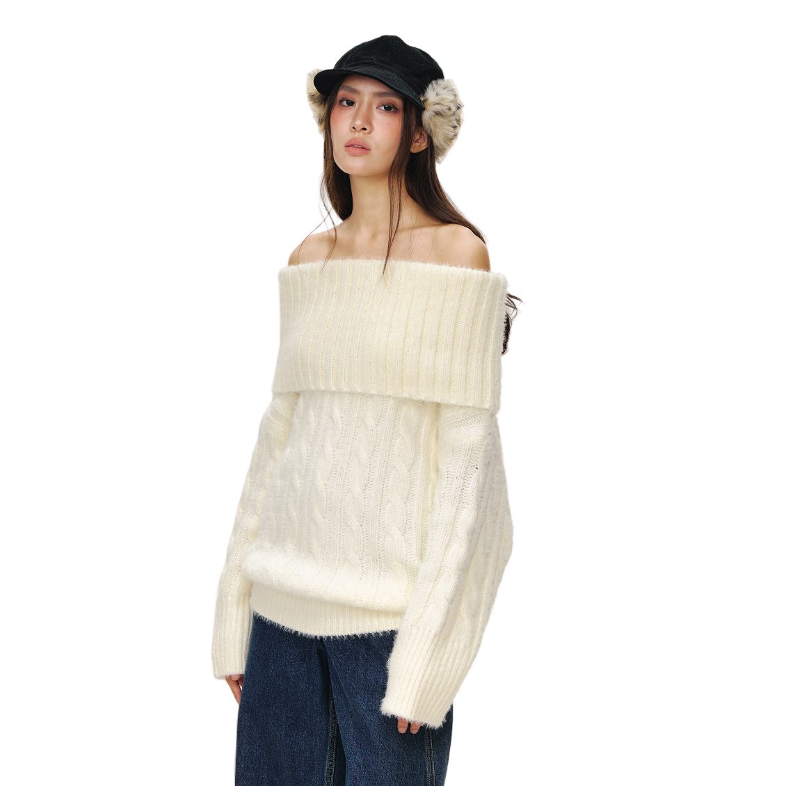 White Off-Shoulder Cable Knit Textured Sweater