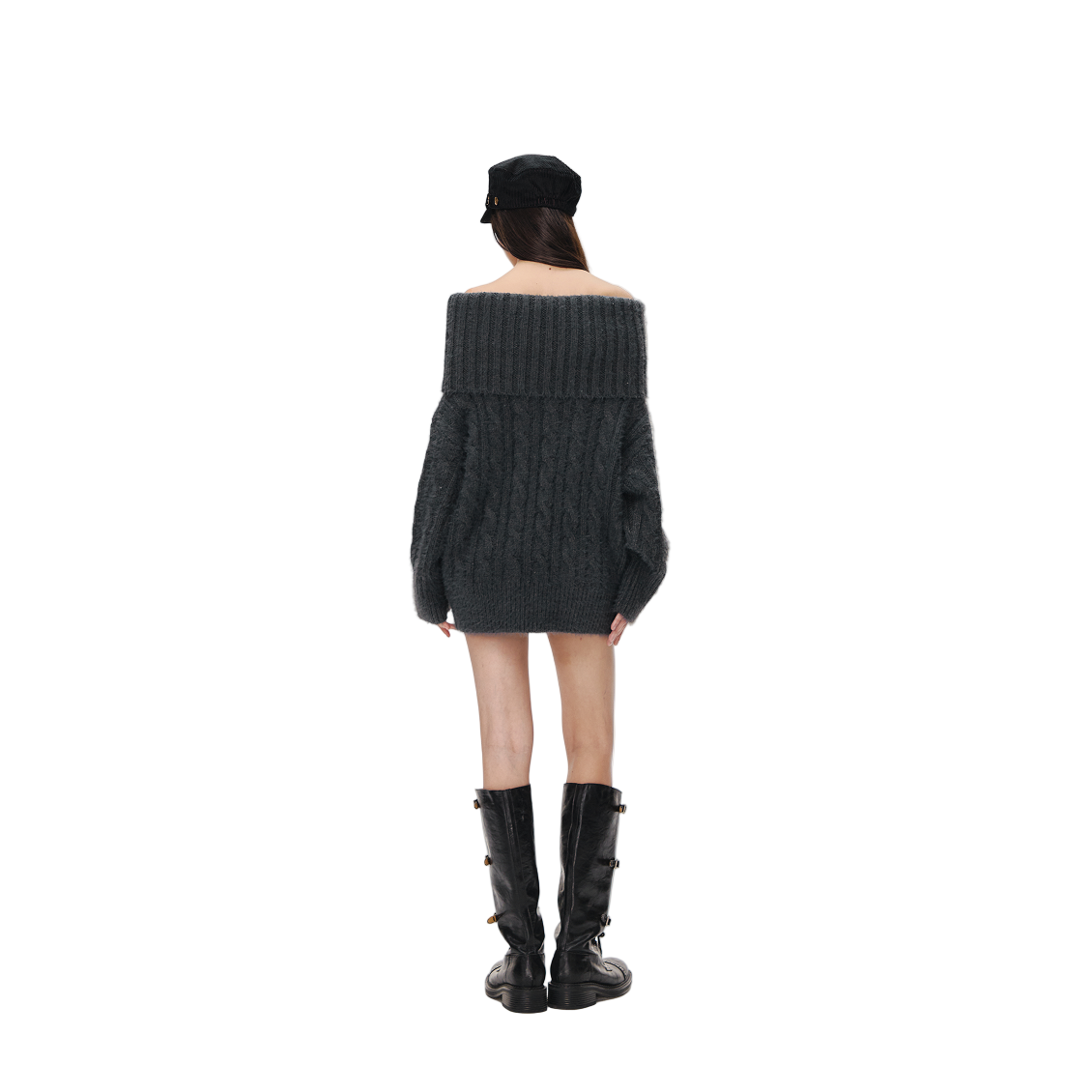 Grey Off-Shoulder Cable Knit Textured Sweater