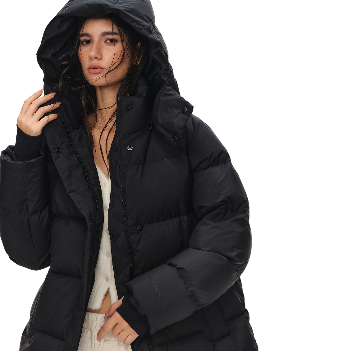 Black Detachable High-Neck Hooded Warm Down Jacket