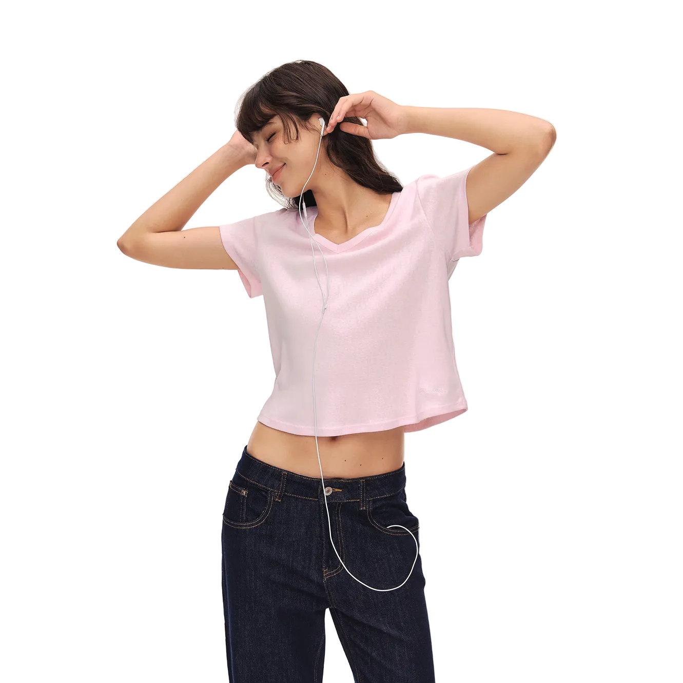 Pink Linen-Cotton Blend V-Neck Short-Sleeve T-Shirt