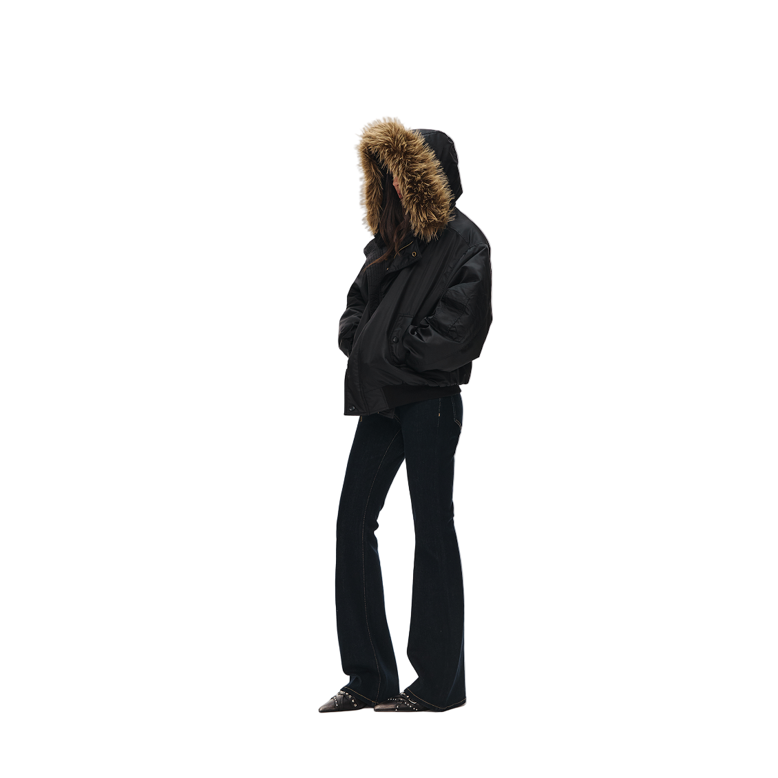 Black Retro Hooded Detachable Fur Collar Jacket Parka