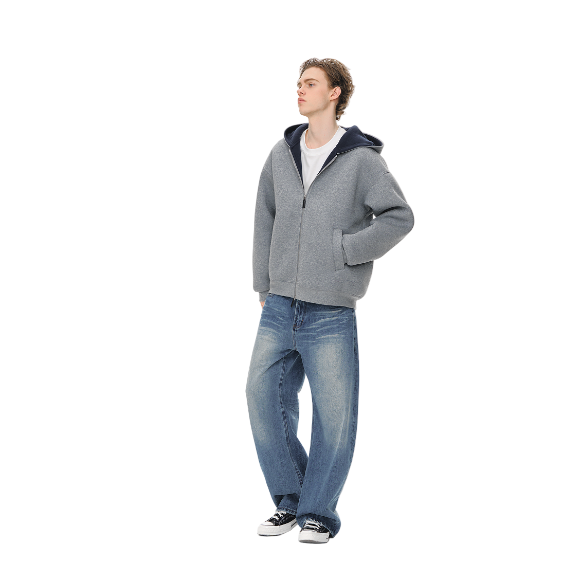 Two-Tone Air Layer Profile Zipper Cardigan In Grey and Navy