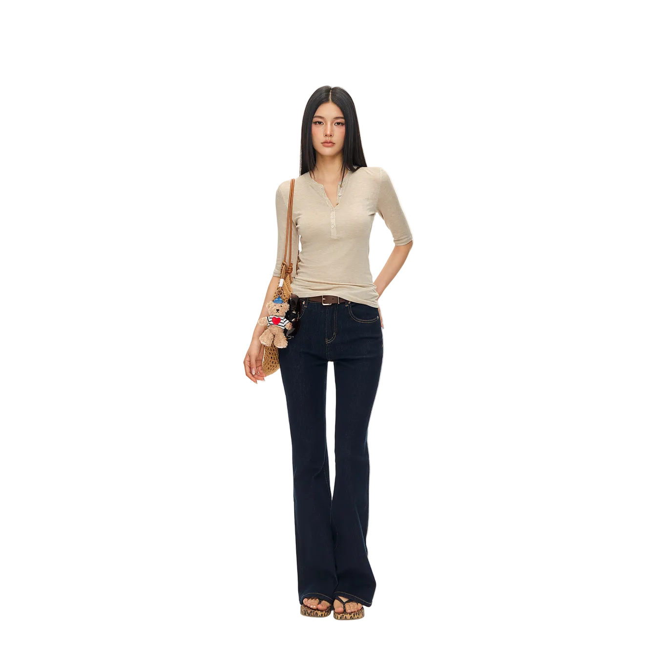 Light Brown Lyocell Wool Blend Henley Mid-Sleeve T-Shirt