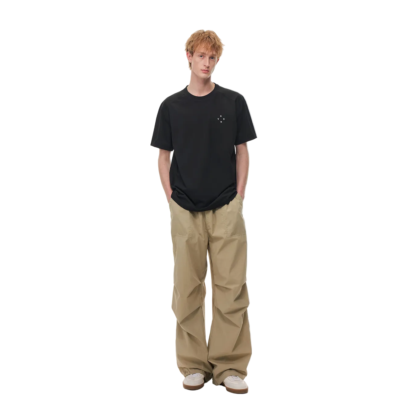 Khaki Pleated Straight-Leg Paratrooper Pants