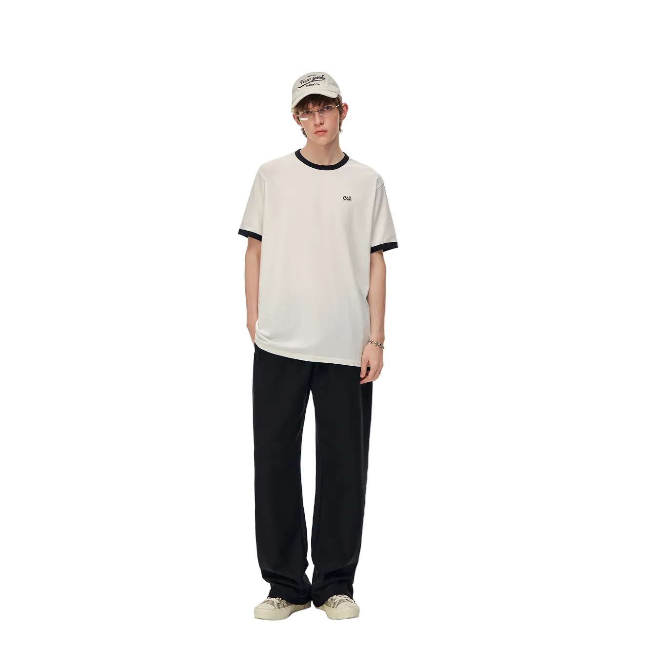 White Lyocell Color-Blocked Collar Embroidered Short-Sleeve T-Shirt