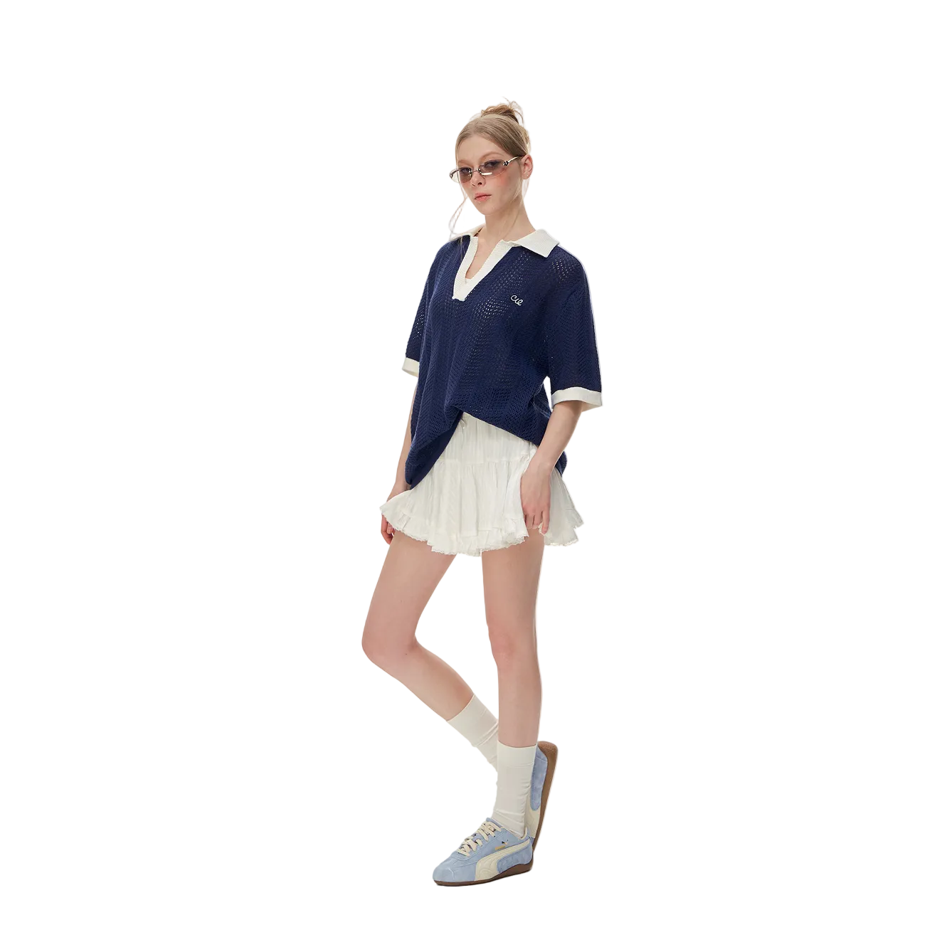 Navy Blue Color Block Polo Collar Hollow-Out Knit Short-Sleeve