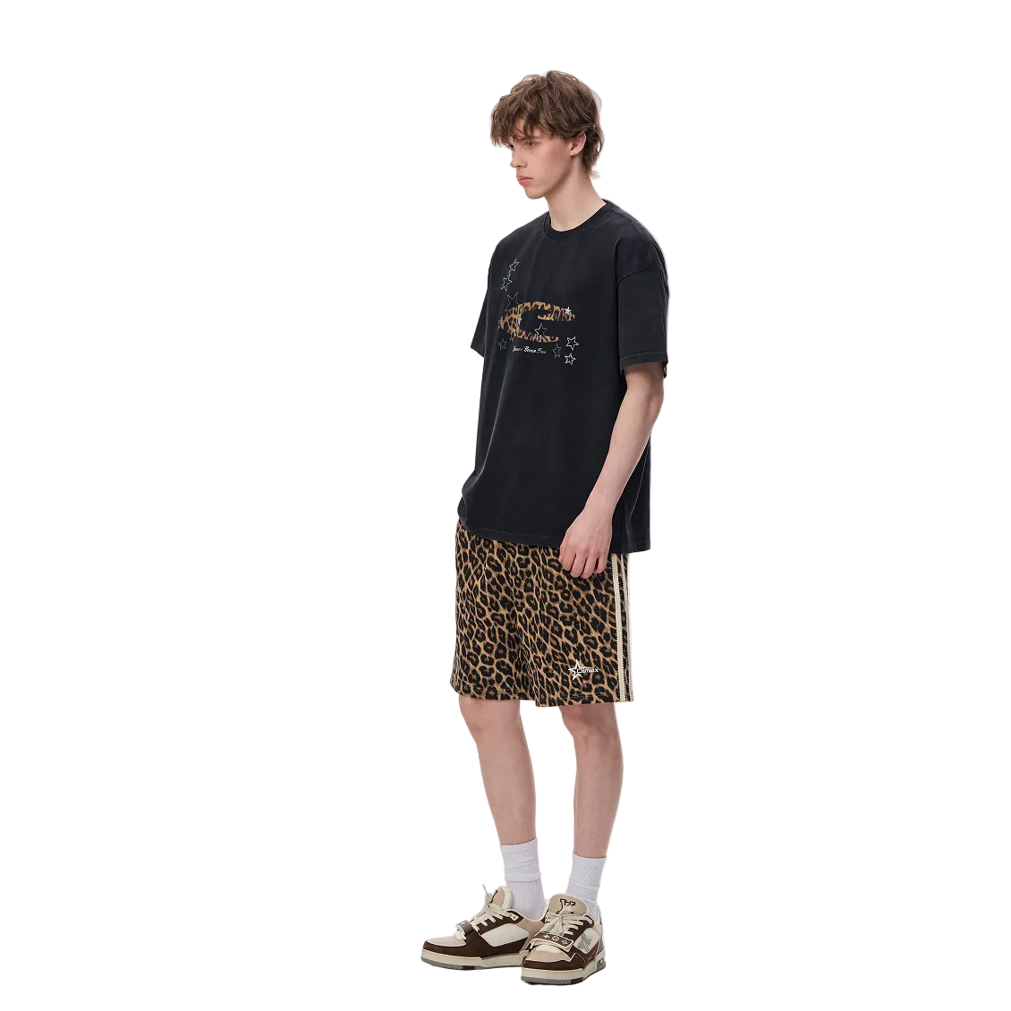 Black Leopard Print Star Rhinestone Letter Short-Sleeve T-Shirt