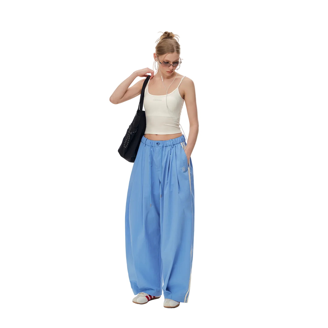 Blue Floral Embroidered Side Striped Wide-Leg Pants