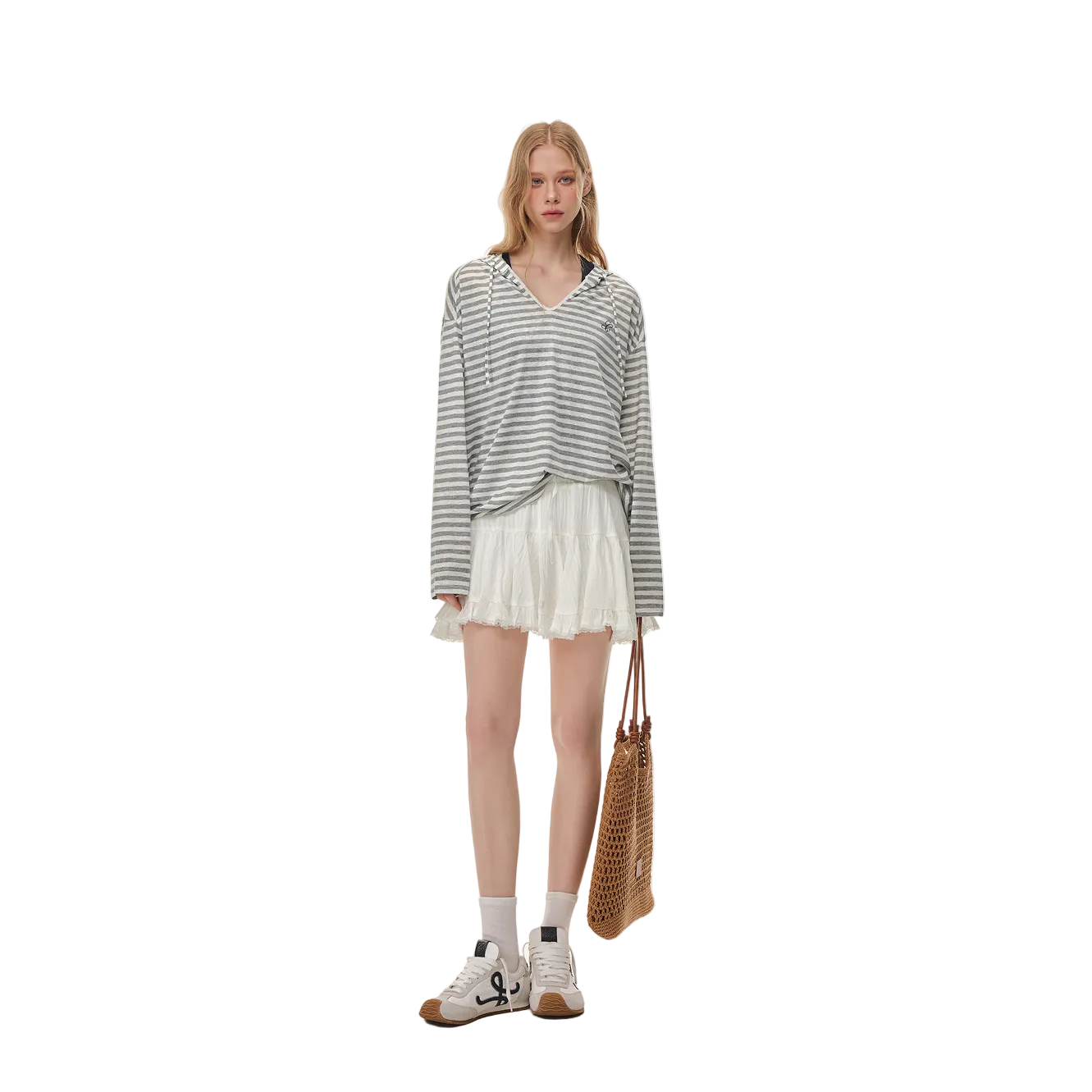 Grey Snowflake Texture Striped Hooded Long-Sleeve