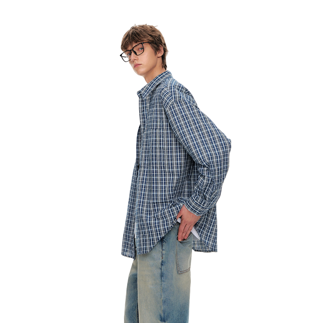 Blue Wrinkled Texture Bubble Plaid Retro Casual Shirt