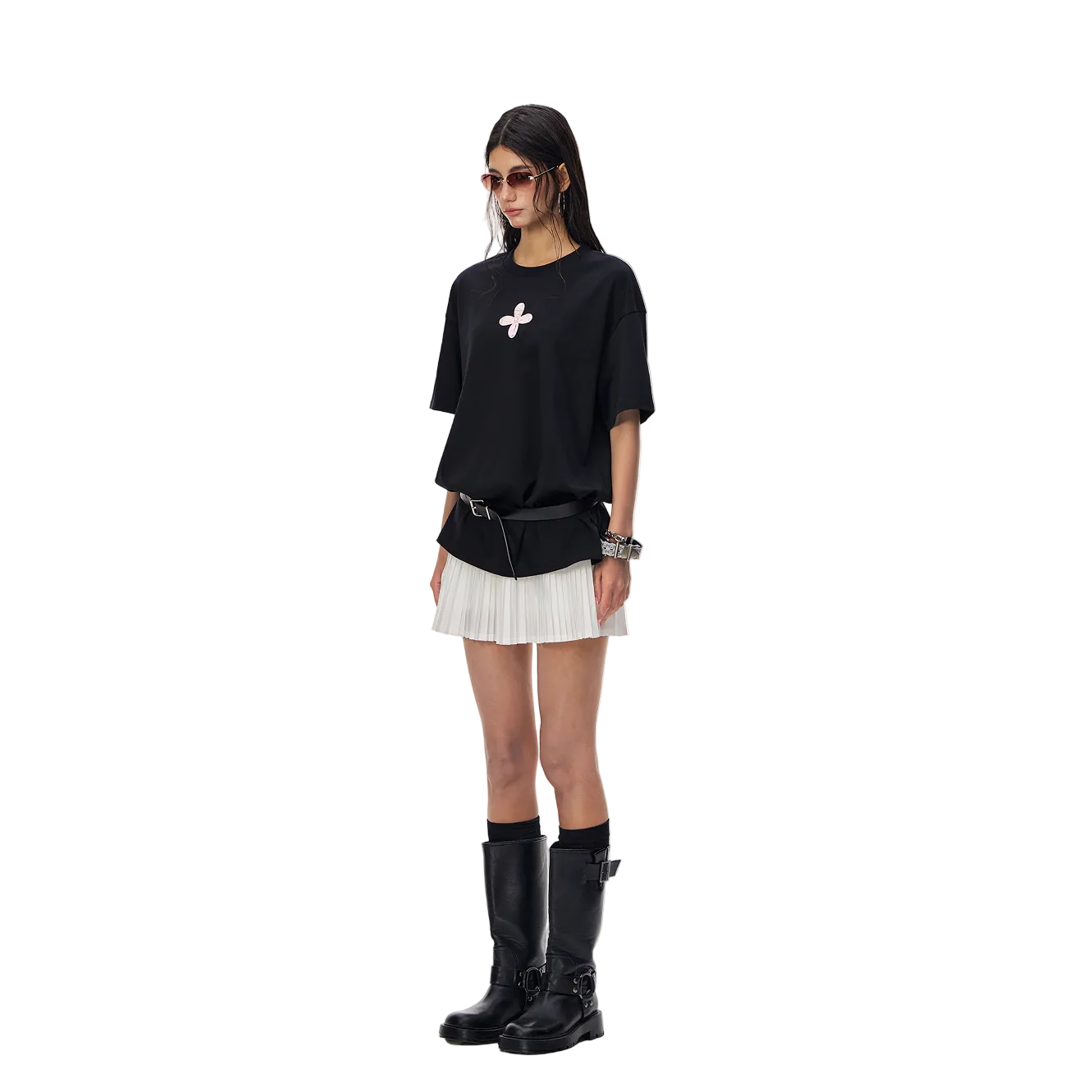 Black Chanel-style Cross Embroidered T-Shirt