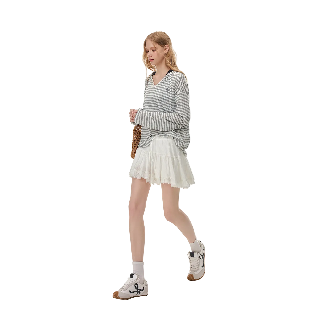 Grey Snowflake Texture Striped Hooded Long-Sleeve