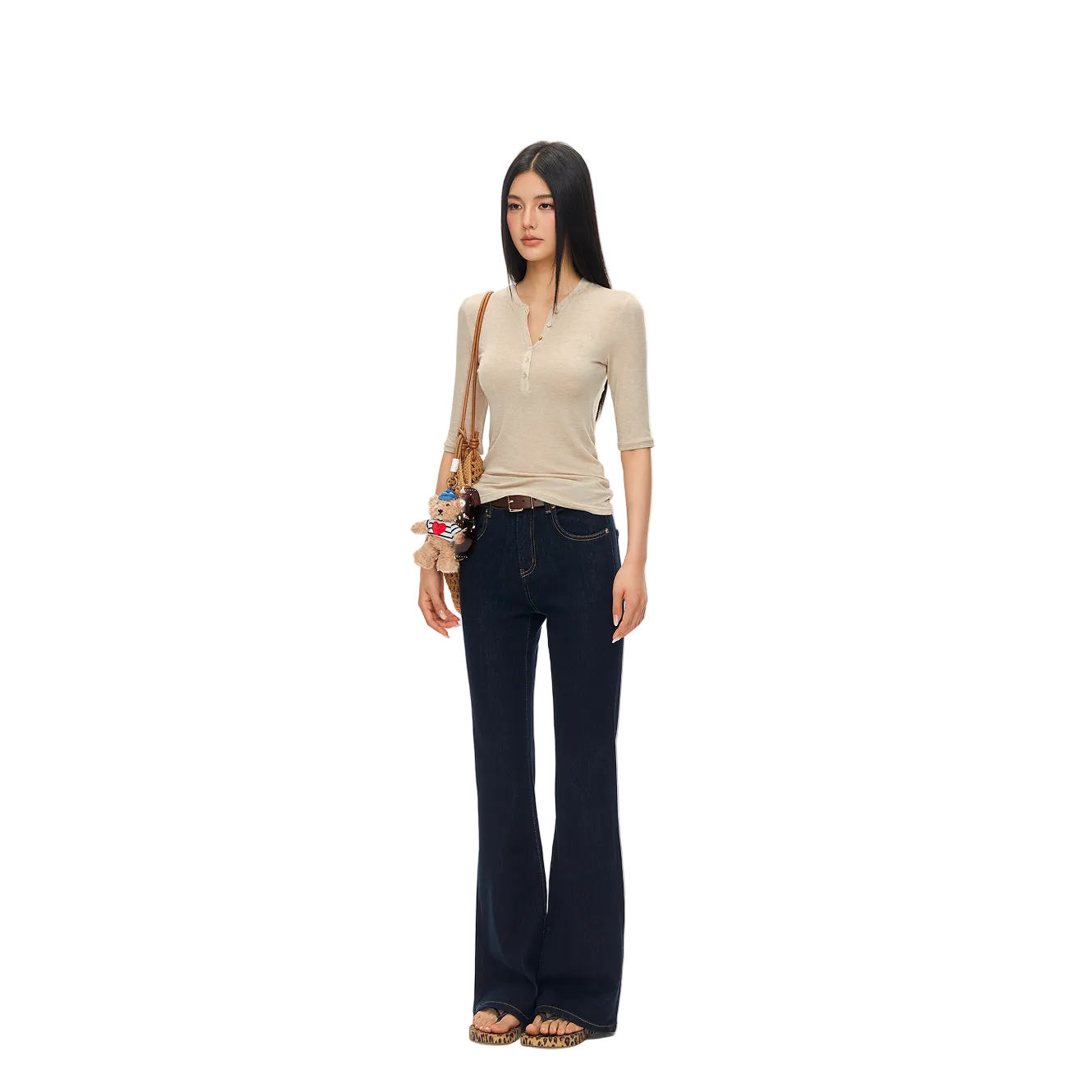 Light Brown Lyocell Wool Blend Henley Mid-Sleeve T-Shirt