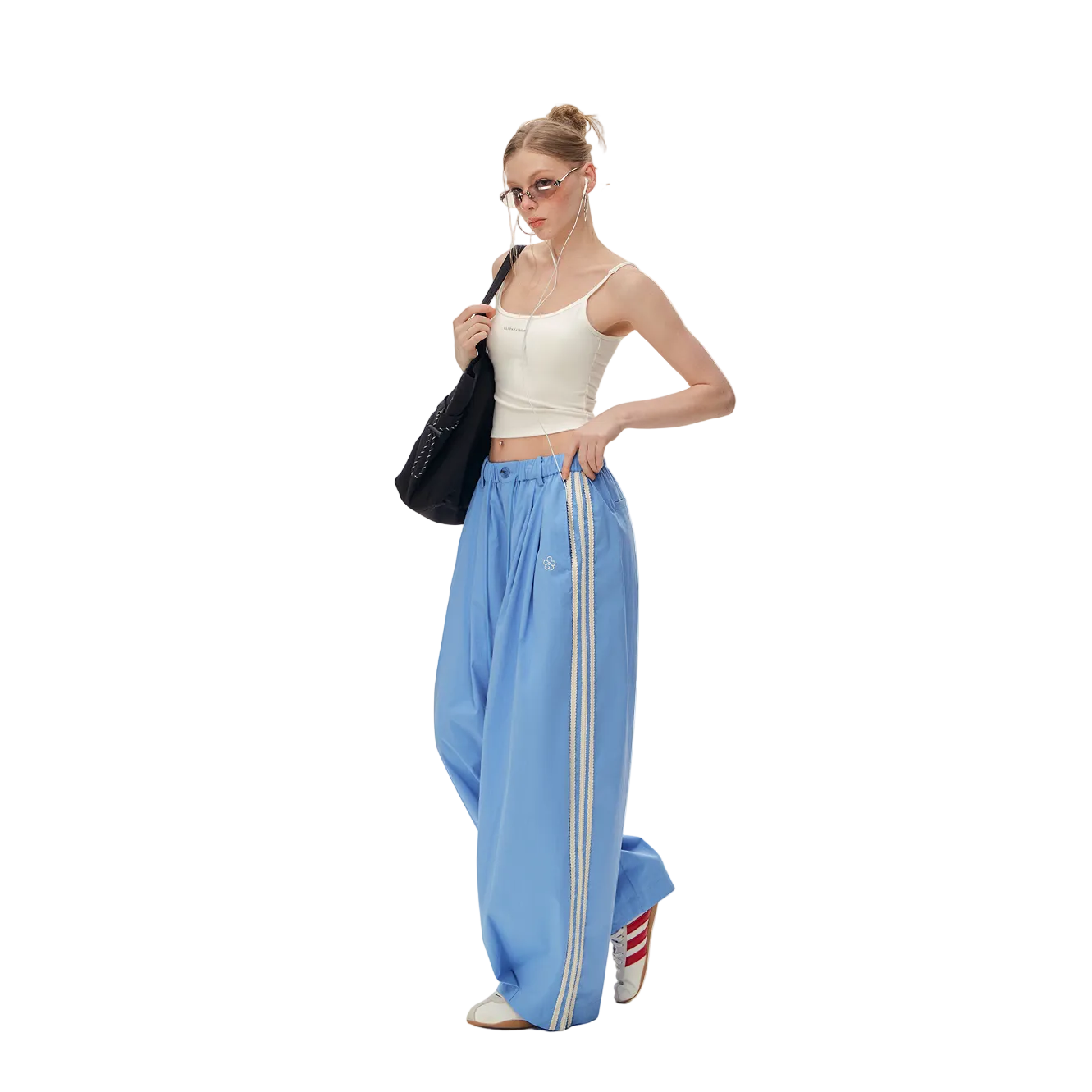 Blue Floral Embroidered Side Striped Wide-Leg Pants