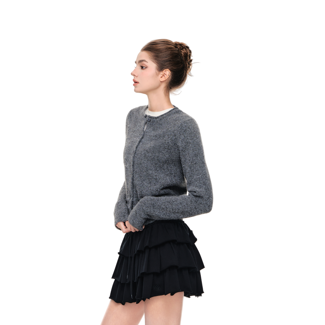 Gray Soft Wool Blend Round Neck Curled Retro Knitted Cardigan