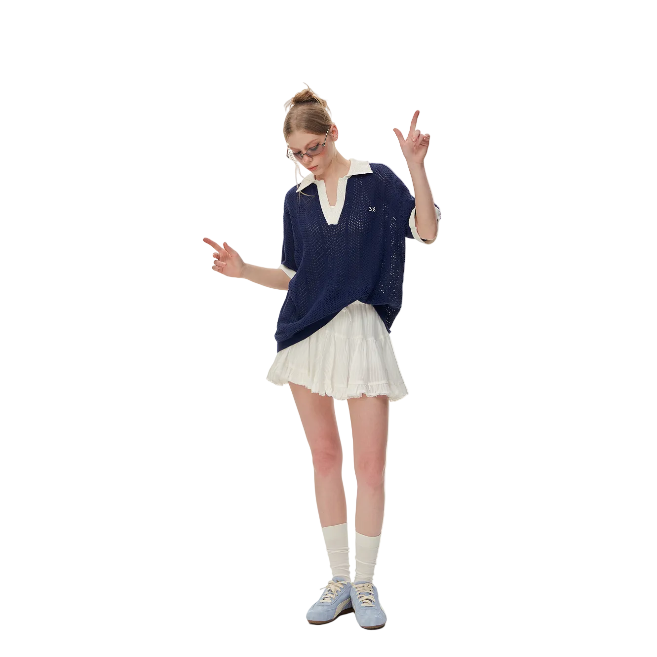 Navy Blue Color Block Polo Collar Hollow-Out Knit Short-Sleeve