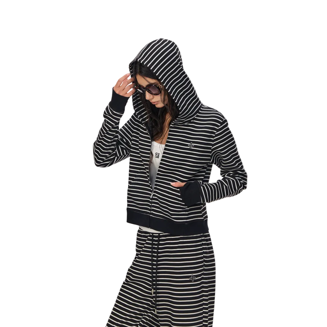Black and White Striped Cross-Pattern Airy Hooded Zip-Up Sweatshirt