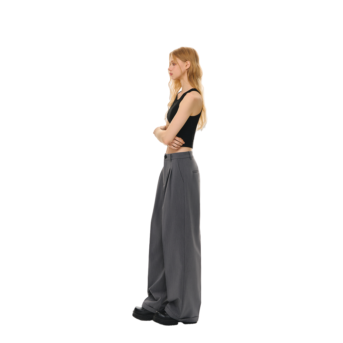 Gray Wrinkle-resistant Drape Straight-leg Trousers