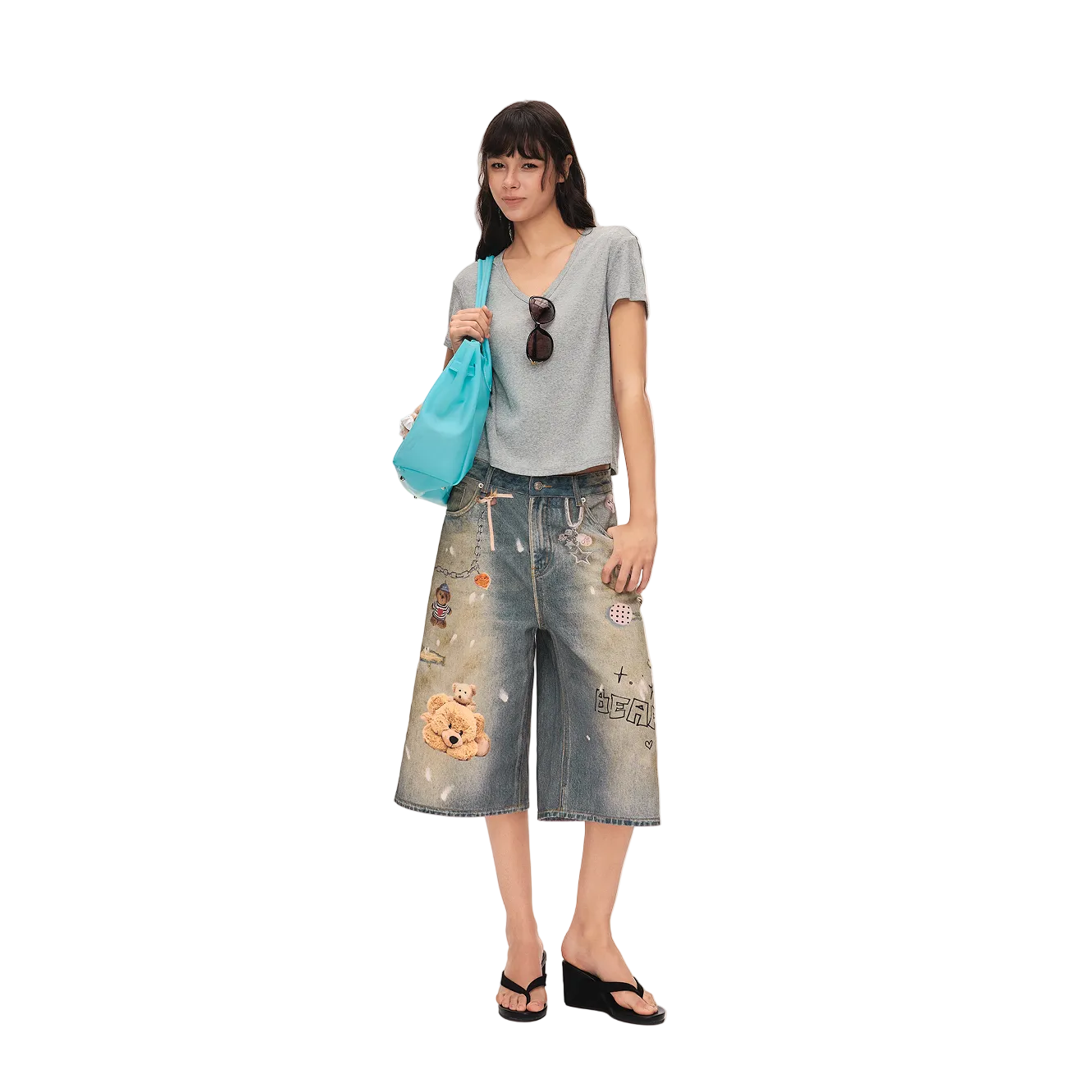 Grey Linen-Cotton Blend V-Neck Short-Sleeve T-Shirt