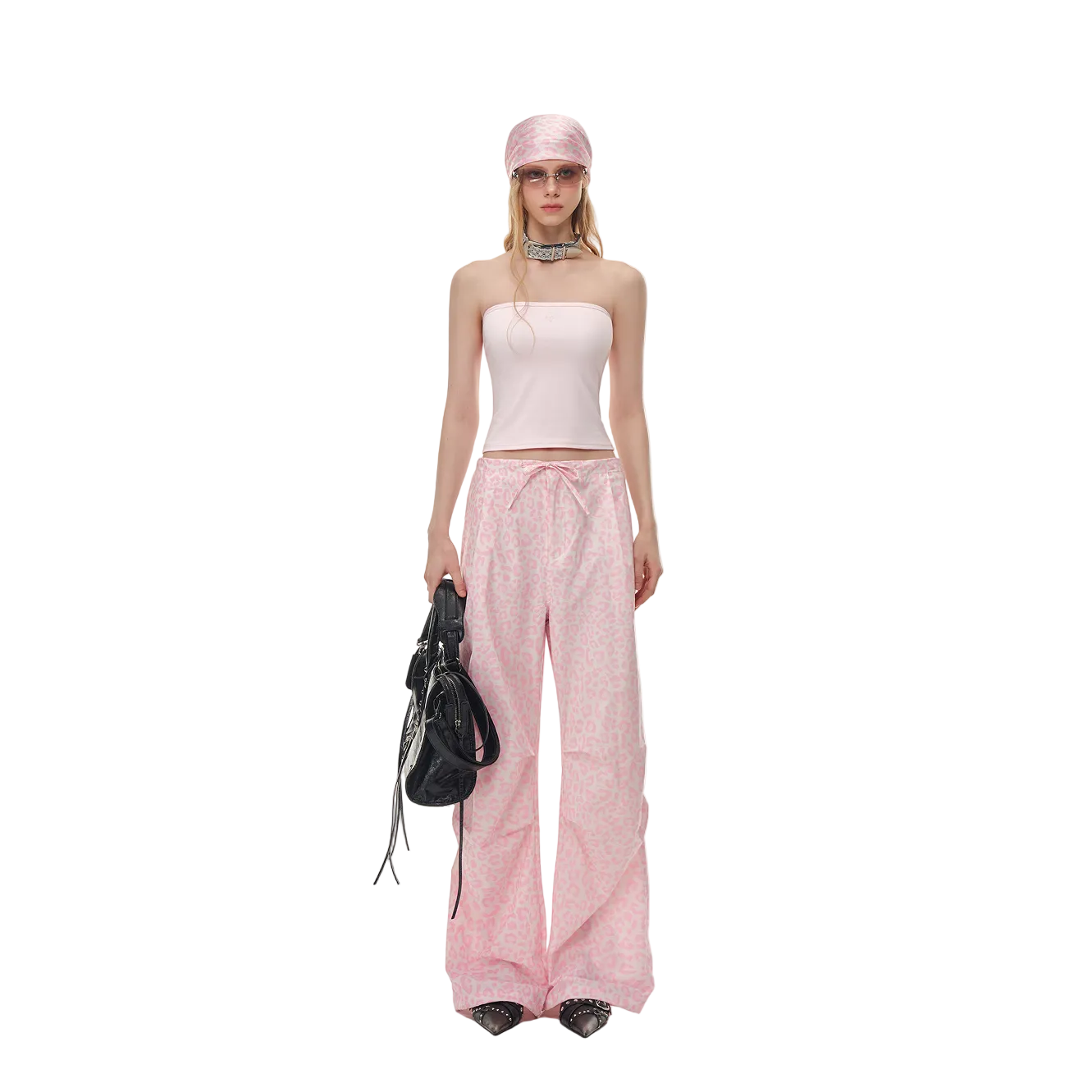 Pink Leopard Print Drawstring Pleated Straight-leg Paratrooper Pants
