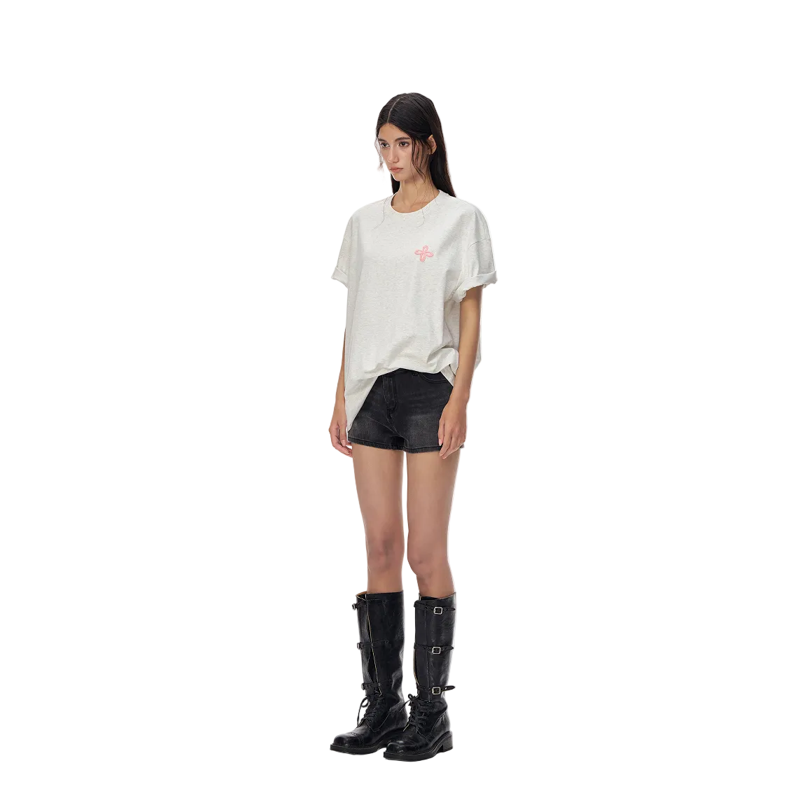 Oatmeal-colored Cross-Patterned Casual T-Shirt